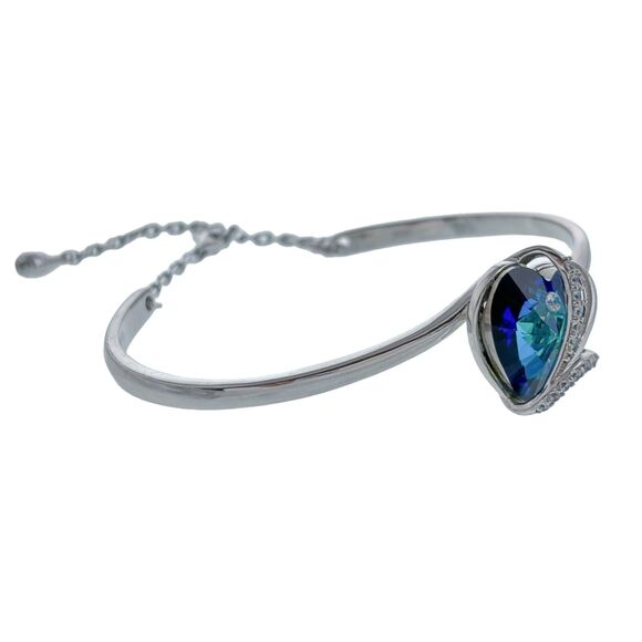 Sterling Silver Blue Crystal Heart Cubic Zirconia Accent Chain Bracelet 6.25" - Picture 2 of 8